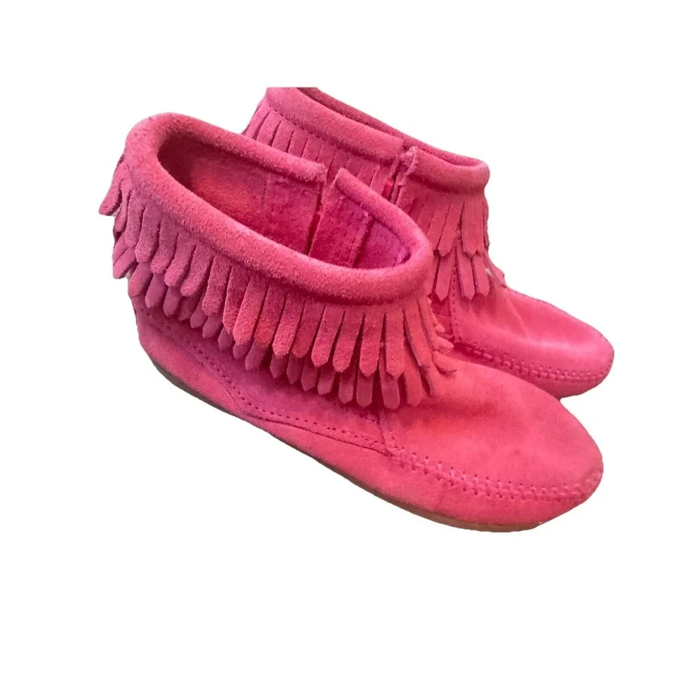 Minnetonka Pink Double Fringe Leather Ankle Boot Girl's Size 2 New w/o Box‎